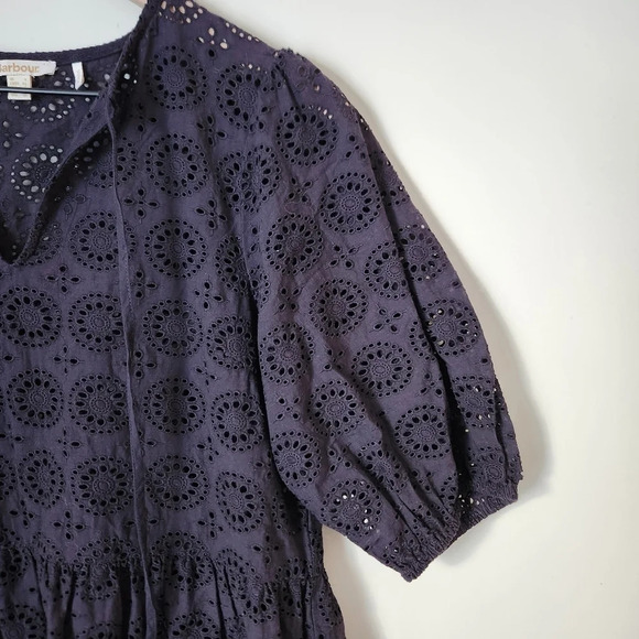 Barbour | 100% Cotton Hazel Eyelet Short Sleeve Midi Dress - Sz 4 *Missing Slip* - Picture 4 of 10
